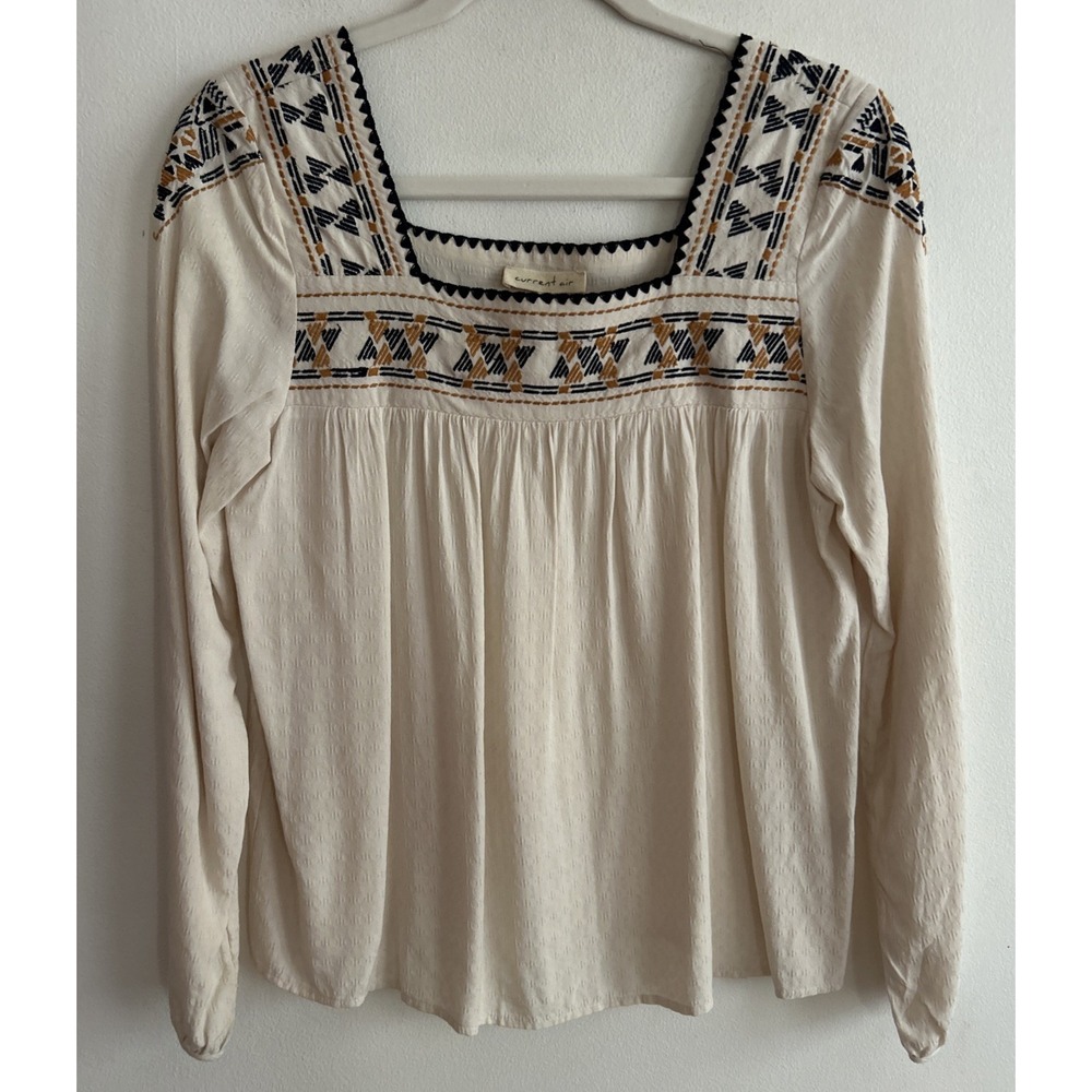 Anthropologie Current Air Blouse Embroidered Smocked Peasant Top Women's S EUC
